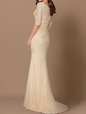 preiswerte Bodenlänge-Meerjungfrau Mutter der Braut Kleid Hochzeitsgast Plus Size Sexy V-Ausschnitt Sweep  Brush Zug Chiffon Spitze Halber Ärmel mit Spitzenapplikationen kostenlose Maßanfertigung