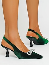 cheap Cocktail-Women&#039;s Velvet Slingback Heels – Pointed Toe Cocktail Party Pumps with Rhinestone Bow for Holiday and Nightlife Glam
