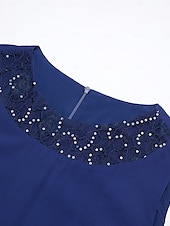 abordables Vestidos para el trabajo-Mujer Conjunto de vestido Vestido informal Vestido de raso Elegante Moda Plano Retazos Lentejuela Vestido Midi Manga 3/4 Cuello Barco Exterior Vacaciones Azul Marino Otoño Invierno Ajuste regular