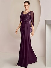 economico Lunghezza del pavimento-Abito Sheath Madre della Sposa Abito Elegante Collo Gioiello Lunghezza Piena Chiffon Manica Mezza con Pizzo Drappeggiato Laterale a Colore Solido taglia personalizzata gratuita