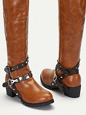 abordables Botas para montar-Botas de montar occidentales hasta la rodilla para mujer con correas de hebilla: botas altas hasta el muslo de cuero sintético de estilo vintage para uso informal y al aire libre