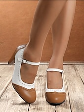 levne 50. léta 20. století-dámské vintage dvoubarevné podpatky mary jane s brogue detaily – retro boty s blokovým podpatkem na večírky a formální příležitosti