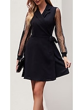 olcso Női fekete ruha-Női Munkaruha Fekete ruha Divat Iroda Napi Mini ruha Fűzős Állógallér Hosszú ujj Sima Normál Fekete Tavasz Ősz S M L XL