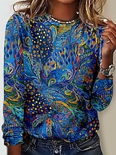 ieftine tricou Art &amp; Design-Tricou tunică pentru femei fashion casual imprimeu cu mânecă lungă regulat guler rotund zilnic albastru primăvară-toamnă
