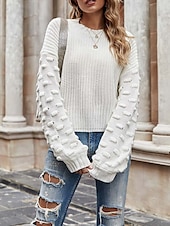 preiswerte Einfarbige Farben-Damen Pullover Elegant Modisch Täglich Feste Farbe Rundhalsausschnitt Strick Textur Langarm Normale Oberteile Stricken Arbeit Schwarz Weiß Herbst Winter