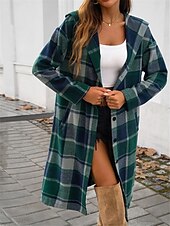 billige Trench Coats-Dame Hettegenser utendørs Gate Dagligdagstøy Høst Vinter Lang Frakk Normal Hold Varm Pustende Stilfull Fritid Jakker Langermet Striper og rutete Med lommer Trykt mønster Svart Brun Grønn
