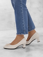 cheap Block Heels-Women&#039;s Beige Low Block Heel Pumps with Gold Buckle and Flexible Sole – Comfortable Slip-On Shoes for Office and Formal Wear
