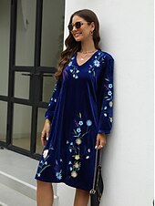 abordables Robes fleuries décontractées-robe décontractée pour femme robe midi brodée avec manche saint valentin travail rendez-vous élégant basique col en V manches longues manche évêque couleur bleue