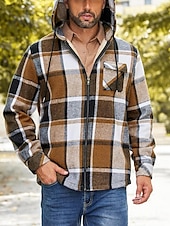 preiswerte Herrenjacken &amp; Herrenmäntel-Herren Hemdjacke Kapuzenjacke Shacket Flanell-Fleecejacke Täglich Urlaub warm Mit Kapuze Herbst Winter Schottenstoff Kariert Modisch Strassenmode Kargen Standard Schwarz Dunkelrot Hellgrün Rote Blau
