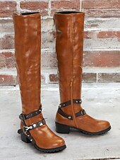 abordables Botas para montar-Botas de montar occidentales hasta la rodilla para mujer con correas de hebilla: botas altas hasta el muslo de cuero sintético de estilo vintage para uso informal y al aire libre
