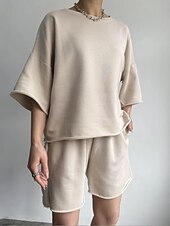 abordables Survêtement pour femme-Femme Ensembles de shorts Pantalon en molleton manche longue Couleur unie Noir Beige Printemps Ample