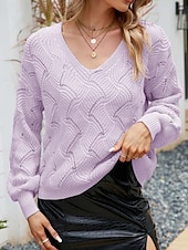cheap Graphic Patterns &amp; Details-Women&#039;s Sweater Elegant Fashion Daily Solid Color Crochet V Neck Knitted Long Sleeve Regular Tops Knit Work Yellow Dusty Blue Fall Winter
