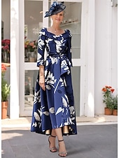 cheap Floor Length-A-Line Mother of the Bride Dress Elegant V Neck Tea Length Satin 3/4 Length Sleeve with Sash / Ribbon Wedding Guest Dress free custom size