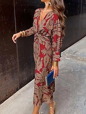 preiswerte Druck Blumen Kleider-Damen Maxidress Vintage-Kleid Casual kleid Brautkleider schlicht Täglich Lockere Passform Graphic Langarm V Ausschnitt Rote Blau Purpur Grün Frühling Herbst