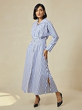 cheap Casual Dress-Cotton Stripe Button Up Maxi Shirt Dress