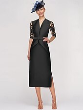 levne Délka čaje-Šaty těsného střihu matky nevěsty elegantní šaty tuxedo V výstřih podlahové délky poloviční rukáv s krajkami jednobarevné volné velikosti na míru