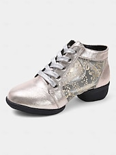 economico Scarpe per balli latini-scarpe da ballo da donna con lacci color argento, pannelli floreali in rete e suola morbida, ideali per balli da sala, latino e jazz