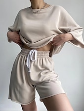 abordables Survêtement pour femme-Femme Ensembles de shorts Pantalon en molleton manche longue Couleur unie Noir Beige Printemps Ample