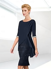 economico Lunghezza del tè-Abito Tubino da Spiaggia Madre della Sposa Elegante Collo Gioiello Lunghezza Ginocchio Sequin Chiffon Elasticizzato Manica Mezza con Ruches in Pizzo 2025 misura personalizzata gratuita