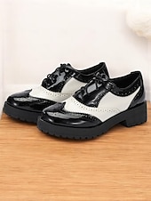 preiswerte Vintage-Schuhe für Damen-Damen-Oxford-Schuhe in Schwarz und Weiß im Brogue-Stil – Schnürschuhe aus Lack-Kunstleder, dicke Sohle, Vintage-Stil für formelle und legere Kleidung