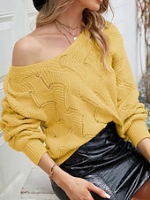 cheap Graphic Patterns &amp; Details-Women&#039;s Sweater Elegant Fashion Daily Solid Color Crochet V Neck Knitted Long Sleeve Regular Tops Knit Work Yellow Dusty Blue Fall Winter