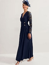 voordelige Vloerlengte-Sheath Jurk Moeder van de Bruid Jurk Elegante V Hals Enkellengte Rekbare Stof Lange Mouw met Kant Geplooid Effen Kleur gratis maat op maat