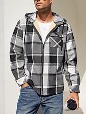 preiswerte Herrenjacken &amp; Herrenmäntel-Herren Hemdjacke Kapuzenjacke Shacket Flanell-Fleecejacke Täglich Urlaub warm Mit Kapuze Herbst Winter Schottenstoff Kariert Modisch Strassenmode Kargen Standard Schwarz Dunkelrot Hellgrün Rote Blau