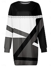 billiga Randig och geometrisk klänning-Dam Mini klänning Sweatshirt klänning Vardagsklänning Vinterklänning Miniklänning Ledigt Arbete Gata Ledigt Normal Geometrisk Rund hals Svart Höst Vinter