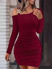 preiswerte Bodycon für den Klub-Damen Casual kleid Minikleid Patchwork Kalte Schulter Brautkleider schlicht Ein-Schulter Langarm Schwarz Weiß Wein Farbe