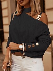 preiswerte Damen Einfache Oberteile-Damen Hemd Bluse Feste Farbe Täglich Brautkleider schlicht Langarm Stehkragen Normale Oberteile Täglich Patchwork Knopf Schwarz Weiß Rosa Blau Herbst Winter