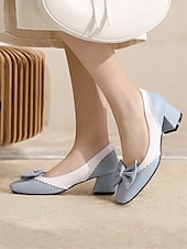 cheap 1950s-Women&#039;s Black and White Block Heel Pumps with Bow Detail – Vintage-Inspired Low-Heel Shoes for Office, Casual, and Dressy Occasions