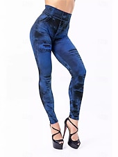 cheap Graphic Leggings-Women&#039;s Denim Look Leggings Oversize Jeggings Treggings Lined Elastic Jeans High Waist Skinny Trousers Stockings Soft Comfortable