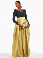 billige GUL-A-Linje Kvelds Kjole Elegant Kjole Formell Gulvlengde 3/4 Lengde Erme Juvel Hals Lomme Sateng med Glitrende Slisse