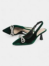 cheap Cocktail-Women&#039;s Velvet Slingback Heels – Pointed Toe Cocktail Party Pumps with Rhinestone Bow for Holiday and Nightlife Glam