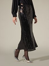 abordables jupe femme-Femme Midi Noir Jupes Printemps, Août, Hiver, Eté Paillettes Doublé Taille médiale Elégant Rétro Vintage Soirée Formel Mariage Soirée XS S M