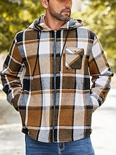 preiswerte Herrenjacken &amp; Herrenmäntel-Herren Hemdjacke Kapuzenjacke Shacket Flanell-Fleecejacke Täglich Urlaub warm Mit Kapuze Herbst Winter Schottenstoff Kariert Modisch Strassenmode Kargen Standard Schwarz Dunkelrot Hellgrün Rote Blau