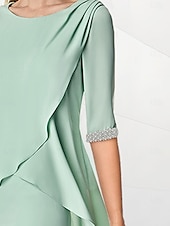 preiswerte Teelänge-Strandhochzeit Etuikleid Mutter der Braut Kleid Hochzeitsgast Eleganter Juwelenausschnitt Teelänge Chiffon halblangärmelig mit Perlen-Raffung
