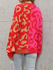 cheap Sweaters &amp; Cardigans-Women&#039;s Cardigan Fashion Daily Casual Leopard Color Block Print Open Front Knitted Long Sleeve Regular Tops Knit Formal Home Red Brown Fall Winter