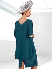 economico Lunghezza del tè-Abito Tubino da Spiaggia Madre della Sposa Elegante Collo Gioiello Lunghezza Ginocchio Sequin Chiffon Elasticizzato Manica Mezza con Ruches in Pizzo 2025 misura personalizzata gratuita
