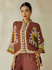 economico camicie, top e camicette-camicetta girocollo con maniche a giro in raso geometrico boho magyar
