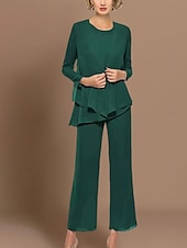 cheap Mom&#039;s Pant Suits-Jumpsuit / Pantsuit 3 Piece Mother of the Bride  Wedding Guest Elegant Vintage Scoop Neck Ankle Length Chiffon Long Sleeve Wrap  with Ruffles Solid Color free custom size