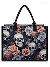 abordables Cabas et fourre-tout-sac fourre-tout imprimé tête de mort et rose – grand sac à main gothique pour femme, design floral vintage, parfait pour Halloween ou pour un usage quotidien
