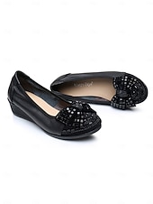 cheap Women&#039;s Flats-Women&#039;s Leather Wedge Flats with Decorative Bow and Embellished Toe – Comfortable Casual Slip-On Shoes for Everyday Wear