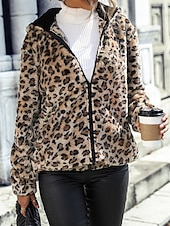 billige hettegenser jakke-Dame Fleece-jakke Teddyfrakk Hettegenser Hold Varm Pustende Glidelås Lomme Fleece Lined Fritid Leopard Feriereise Gate Dagligdagstøy Ut på byen Glidelås Normal Hettegenser Normal Langermet Yttertøy