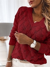 preiswerte Grafische Muster und Details-Damen Pullover Elegant Modisch Täglich Blumen V Ausschnitt Ausgehöhlt Langarm Normale Oberteile Stricken Arbeit Rosa Rote Herbst Winter