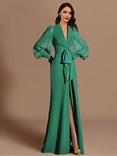 abordables VERT-Robe de mariée de plage sirène robe de bal élégante invitée de mariage traîne balayage  brosse manches longues col en V automne invitée de mariage chiffon avec fente bretelles 2025