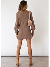 abordables mini robe noire-robe pull femme quotidien élégant couleur unie col en V col en V manches évêque manches longues hauts réguliers tricot formel extérieur noir rouge automne hiver