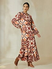 economico Bluse e camicie-camicetta in raso bohémien con scollo a V e maniche a lanterna