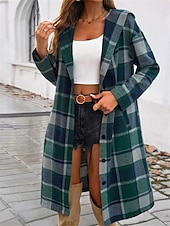 billige Trench Coats-Dame Hettegenser utendørs Gate Dagligdagstøy Høst Vinter Lang Frakk Normal Hold Varm Pustende Stilfull Fritid Jakker Langermet Striper og rutete Med lommer Trykt mønster Svart Brun Grønn