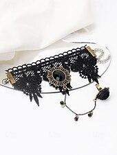 billige Halloween-tilbehør-vintage gotisk blonderarmbånd med ring, håndkjedesmykker i svart edelsten, perfekt for halloween, cosplay og kostymer med viktoriansk tema
